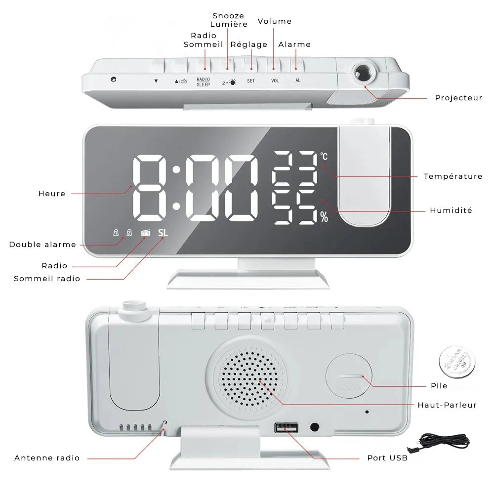 Radio Réveil Projecteur Blanc