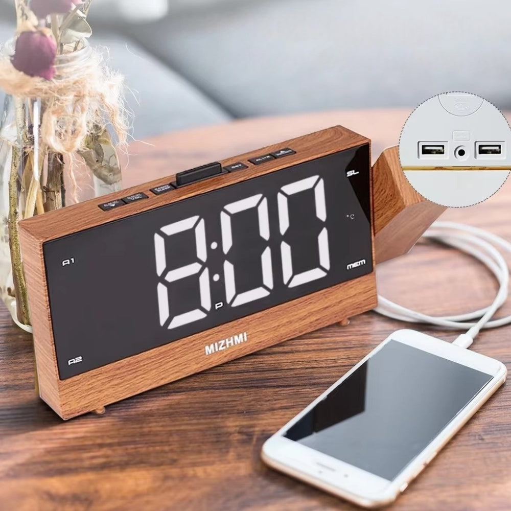 Radio Réveil Projecteur Bois