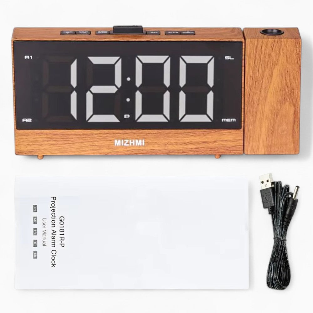 Radio Réveil Projecteur Bois