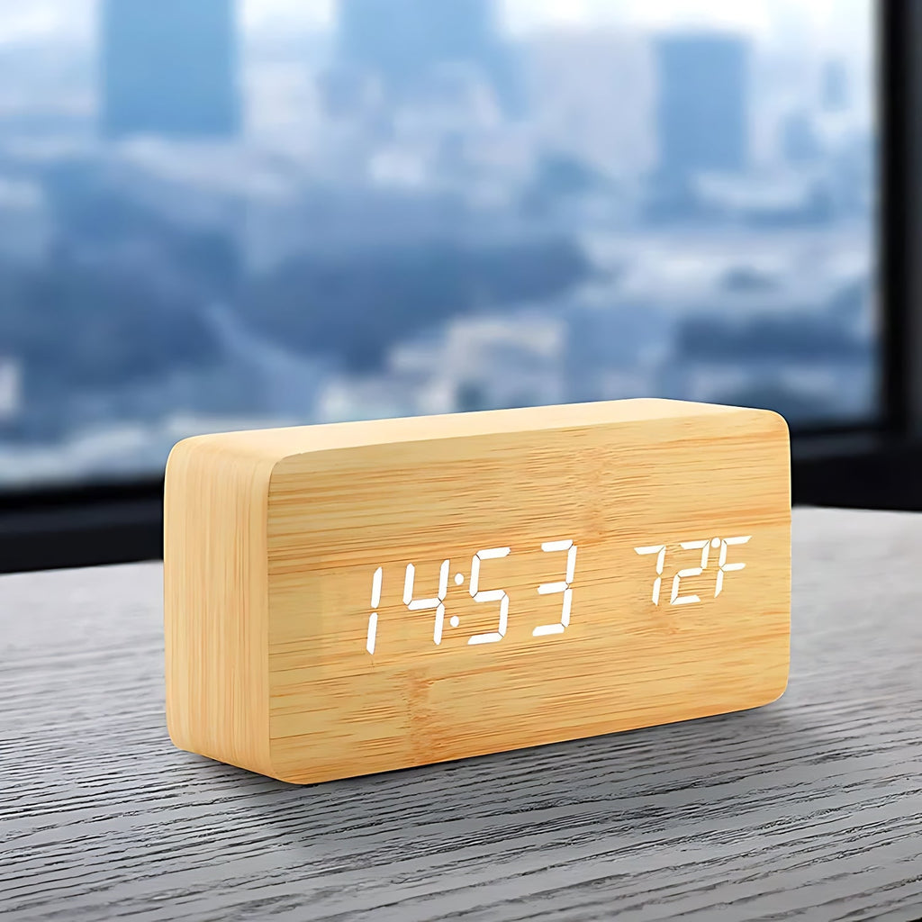 LED Wecker aus hellem Holz